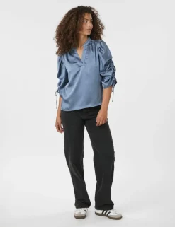 Neo Noir Alvira Drapy Satin Bluse - Blå