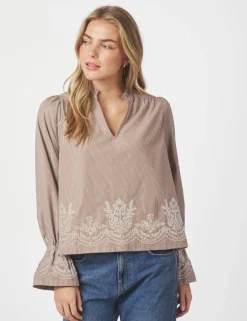 Neo Noir Amara Striped Emb Bluse - Camel