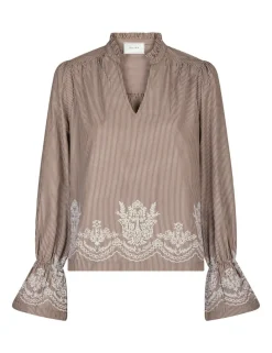 Neo Noir Amara Striped Emb Bluse - Camel