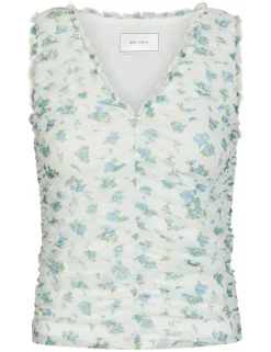 Neo noir Nicolla Mesh Botanical Top - Lyseblå